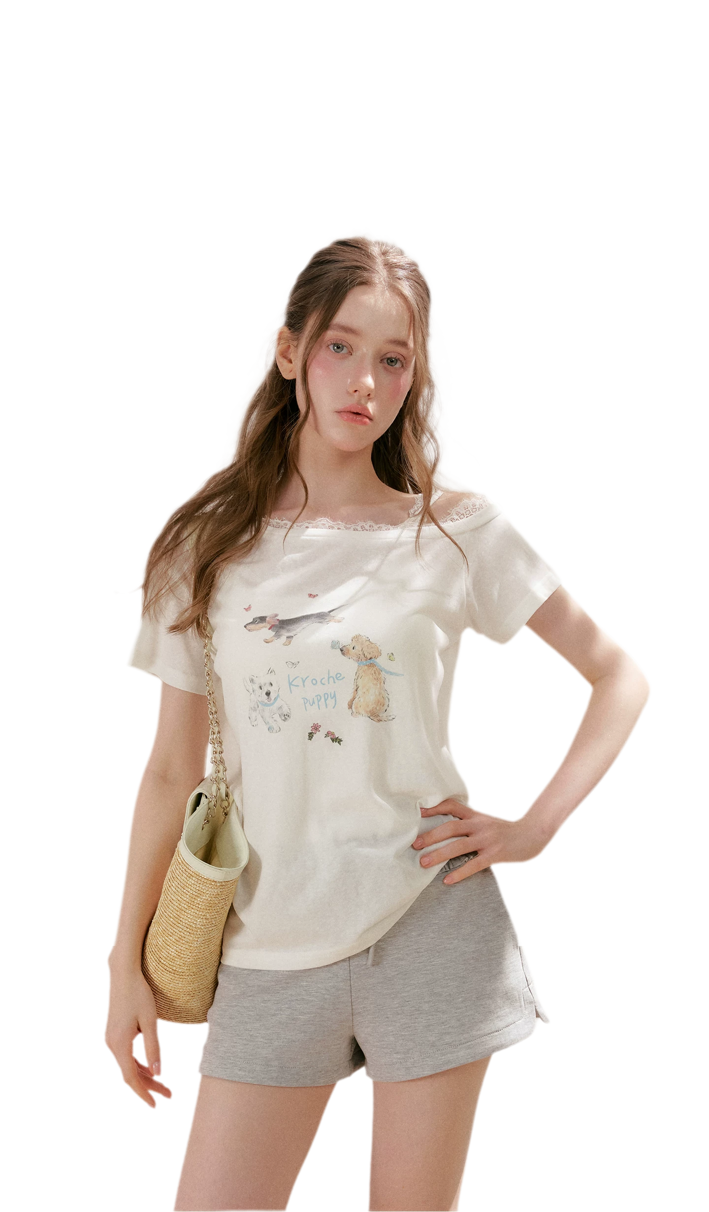 Tencel Cotton French Lace Puppy Print Asymmetric T-Shirt