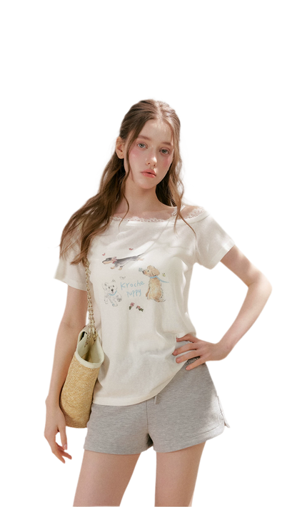 Tencel Cotton French Lace Puppy Print Asymmetric T-Shirt