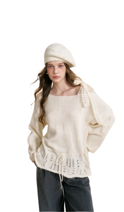 Lace Drawstring Off-Shoulder Sweater