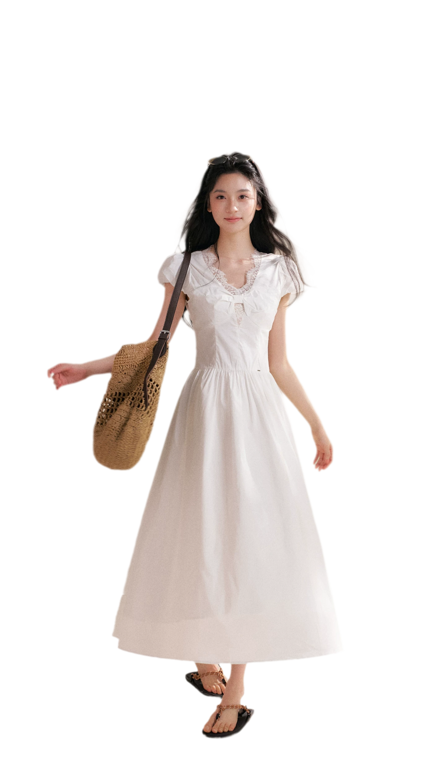 Knot Design French Lace Puff Sleeve A-Line Dress