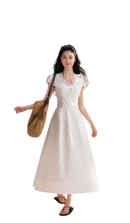Knot Design French Lace Puff Sleeve A-Line Dress