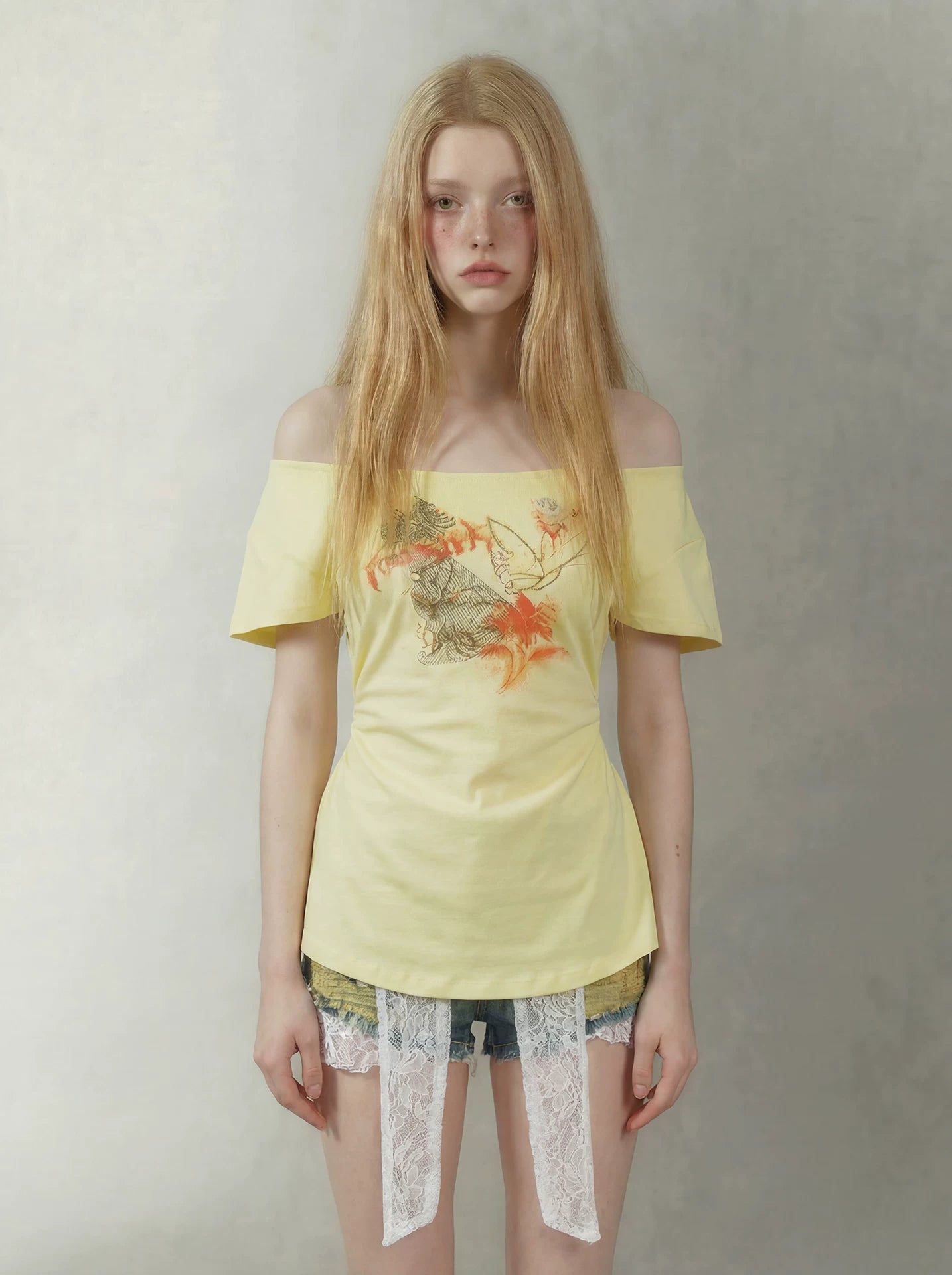 Hand-Drawn Floral Off-Shoulder Tee