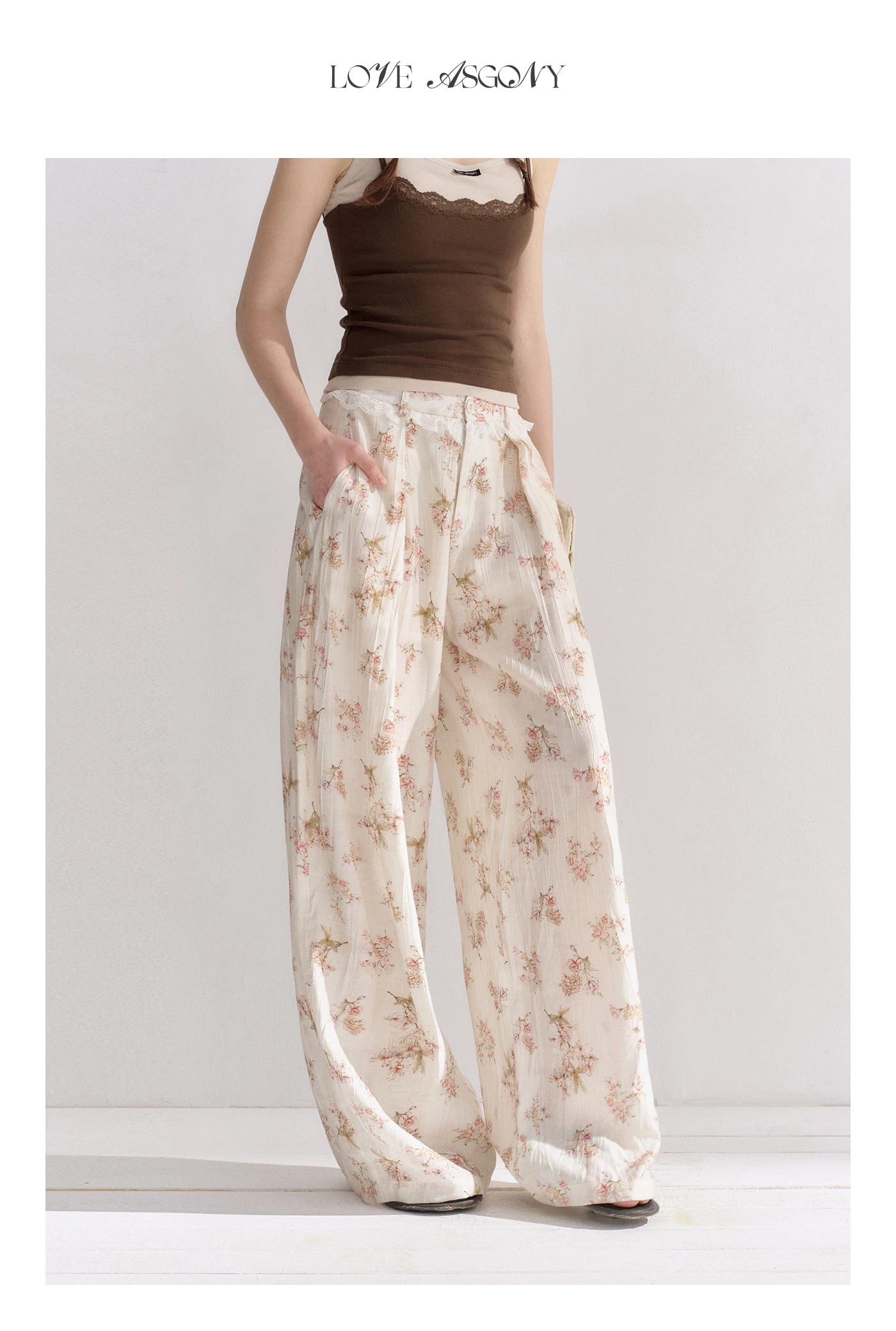 Lightweight Printed Wide-Leg Pants with Lace Waistband