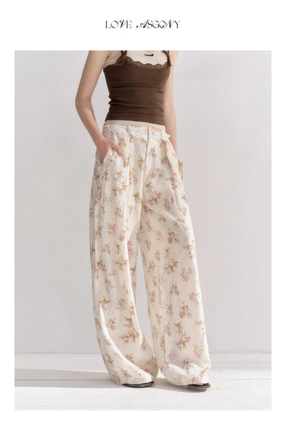 Lightweight Printed Wide-Leg Pants with Lace Waistband