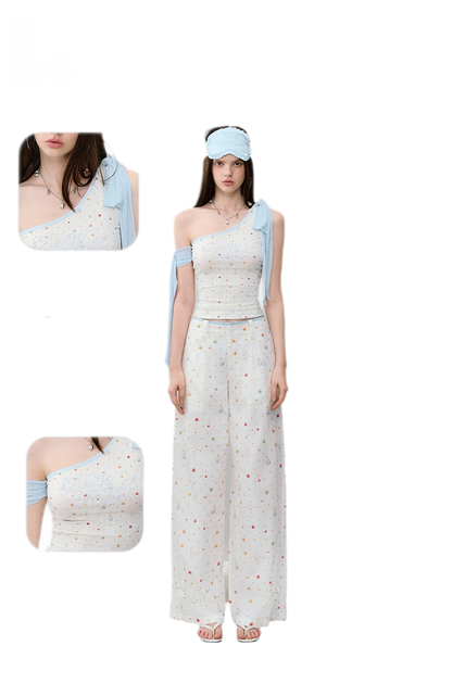 Printed Mesh One-Shoulder Tie Tank