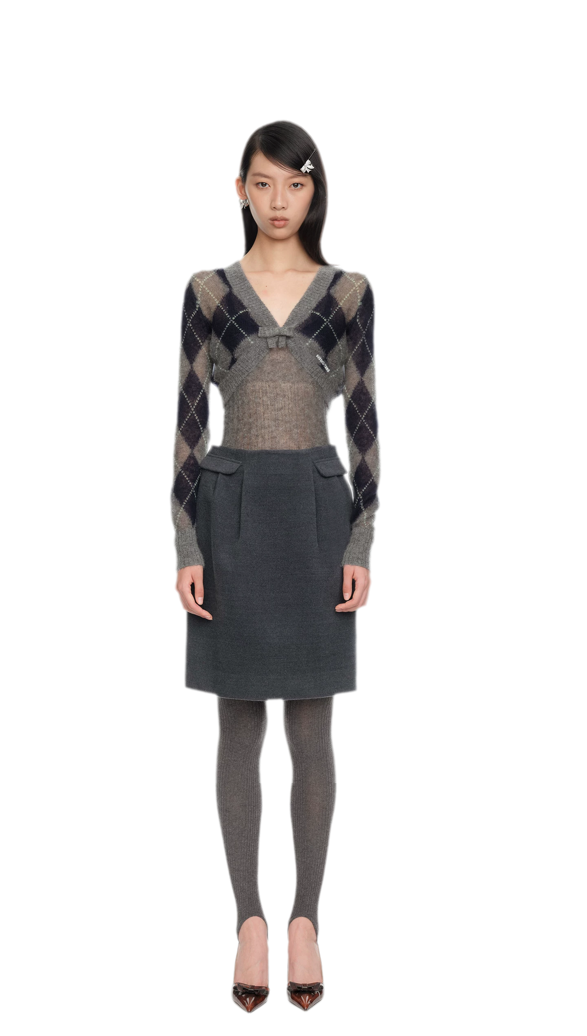 Flauschige Argyle-Strickjacke in verkürzter Länge