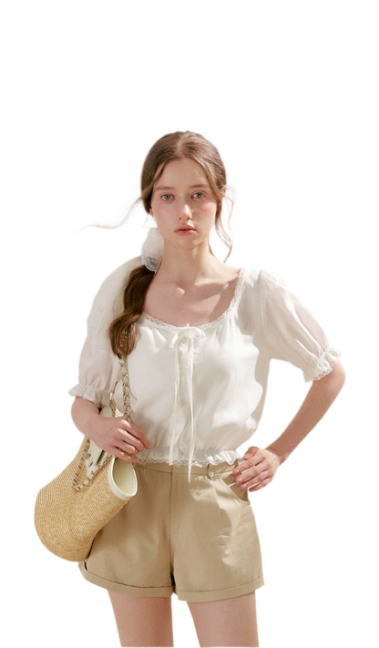 Lace Trim Puff Sleeve T-Shirt