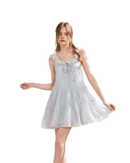 Tencel Embroidered Ruffle A-line Dress