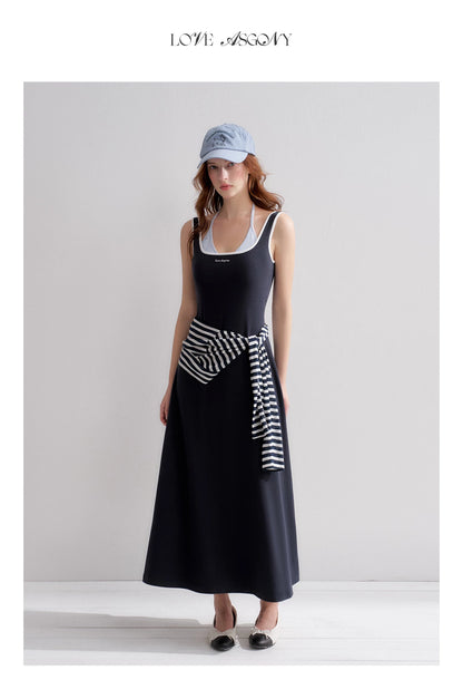 Contrast Color U-Neck Halter Knit Long Dress