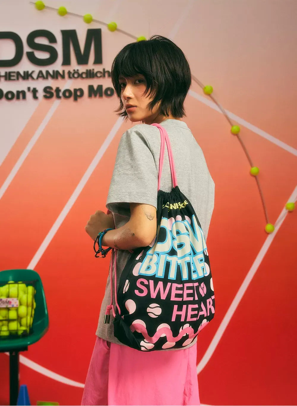 Screen-Printed Drawstring Shoulder Bag