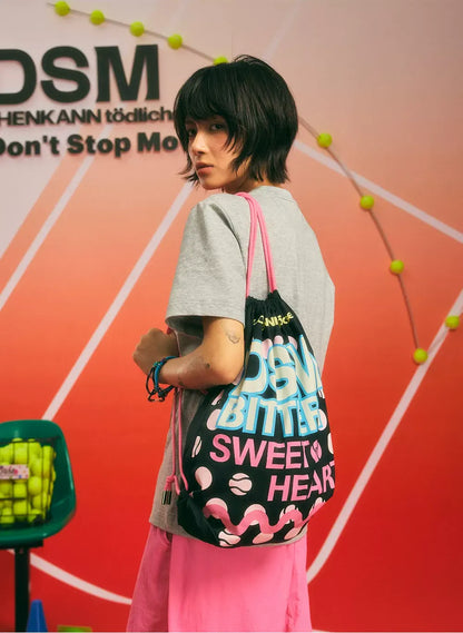 Screen-Printed Drawstring Shoulder Bag