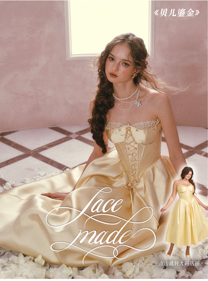 Belle Gold French Satin Lace Corset Dress