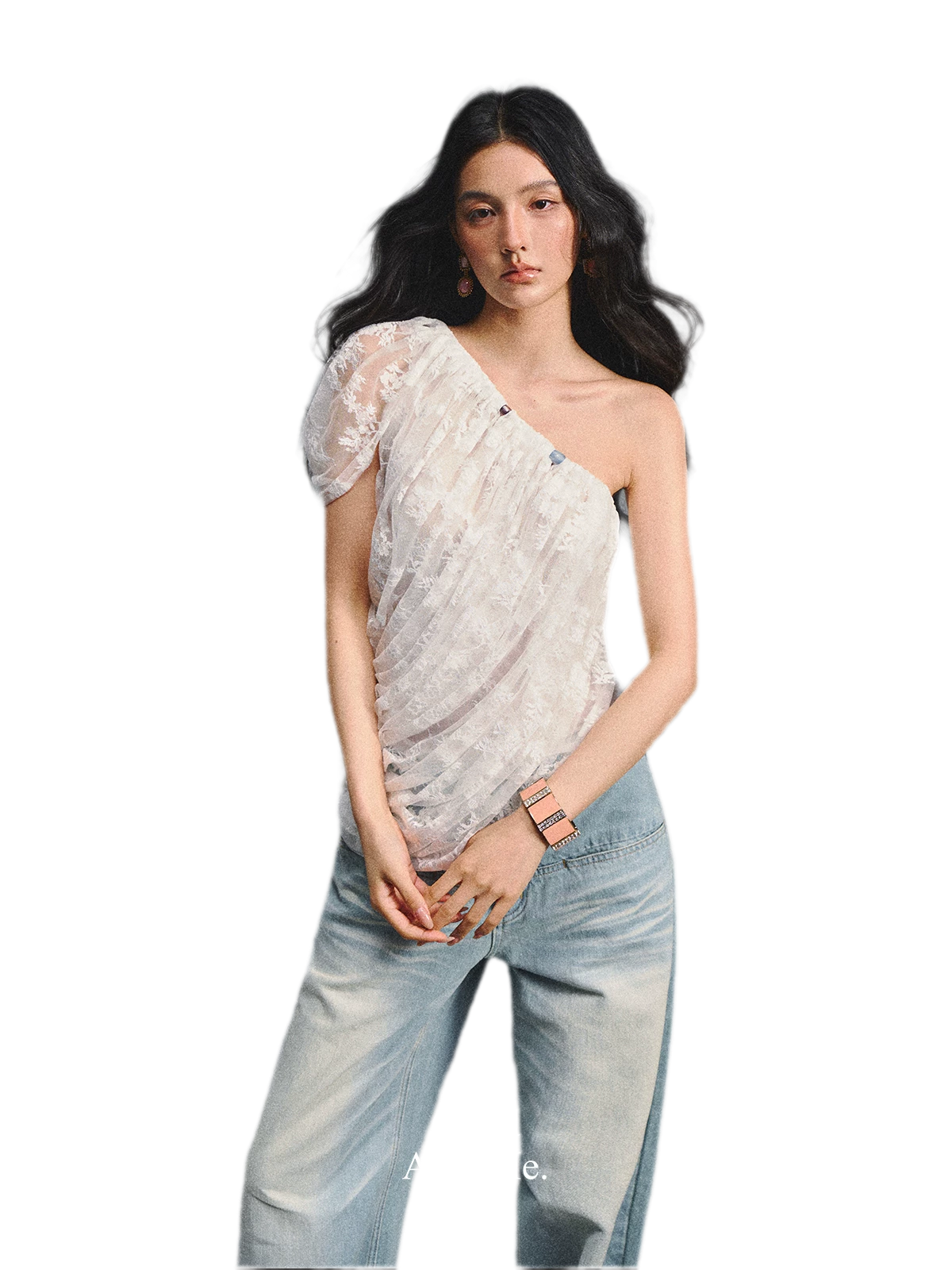 Lace Ruched Asymmetric Top