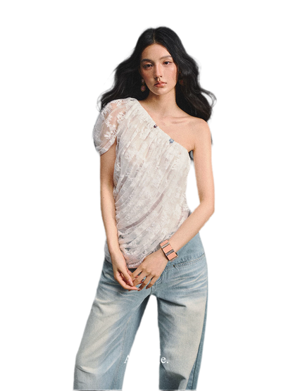 Lace Ruched Asymmetric Top
