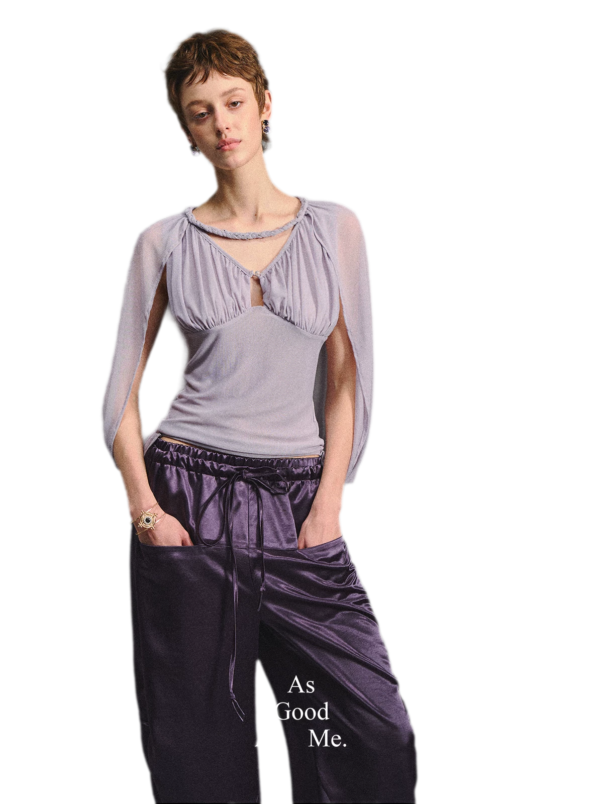 Ruched Mesh V-Neck Top