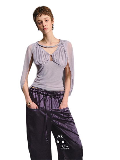 Ruched Mesh V-Neck Top