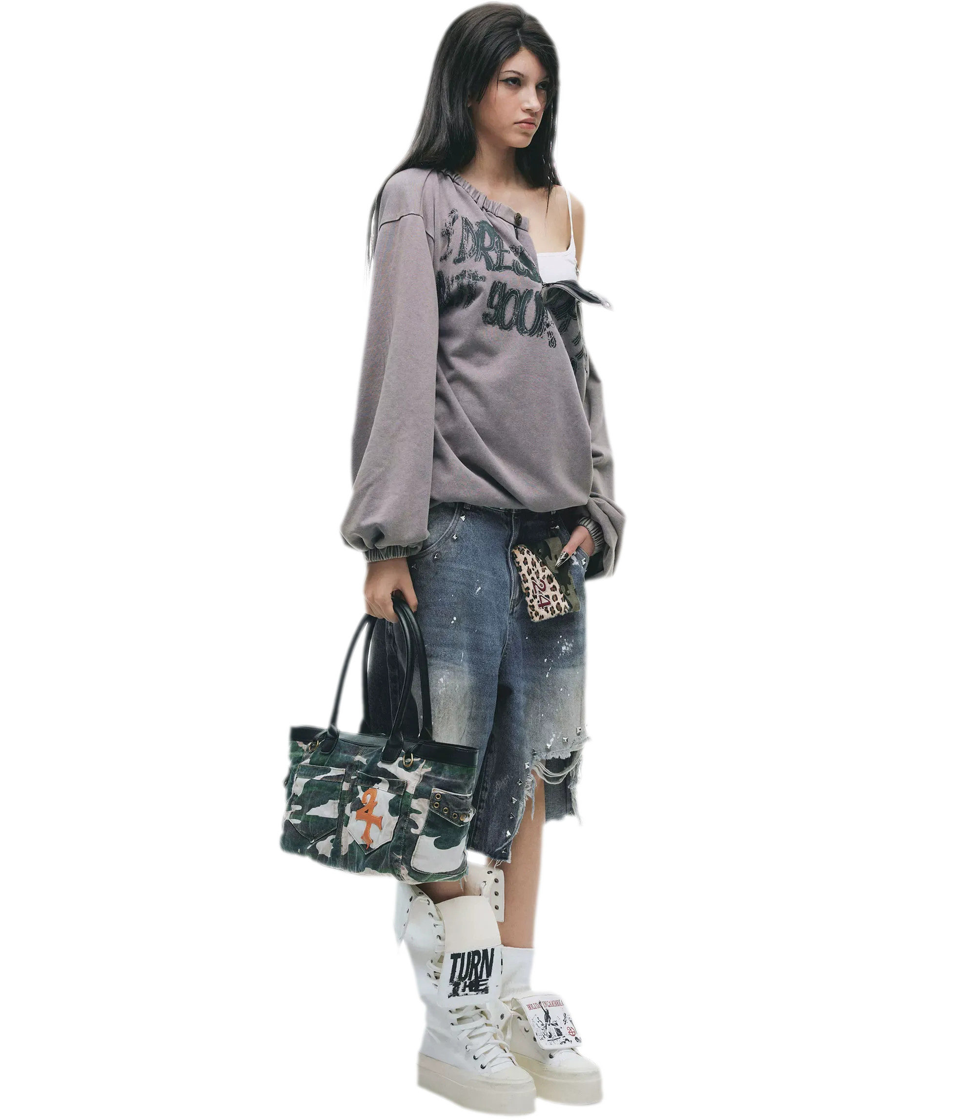 Graphic Off-Shoulder Ruched T-Shirt