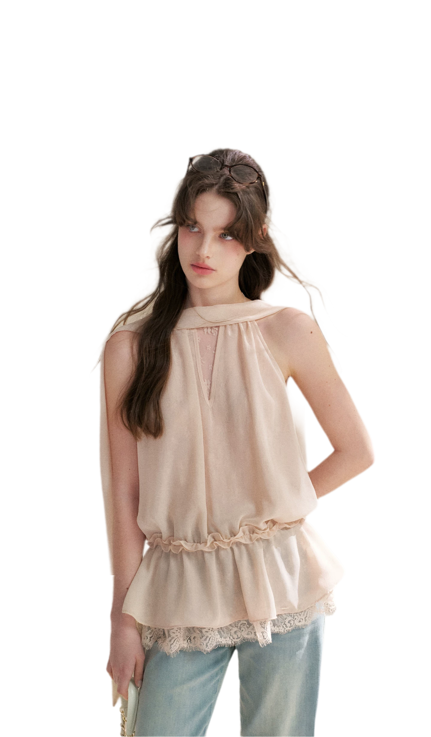 Chiffon Lace Halter V-Neck Blouse