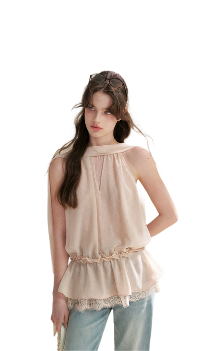 Chiffon Lace Halter V-Neck Blouse