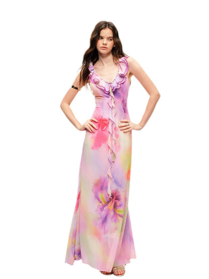 Watercolor Ruffle V-Neck Dress