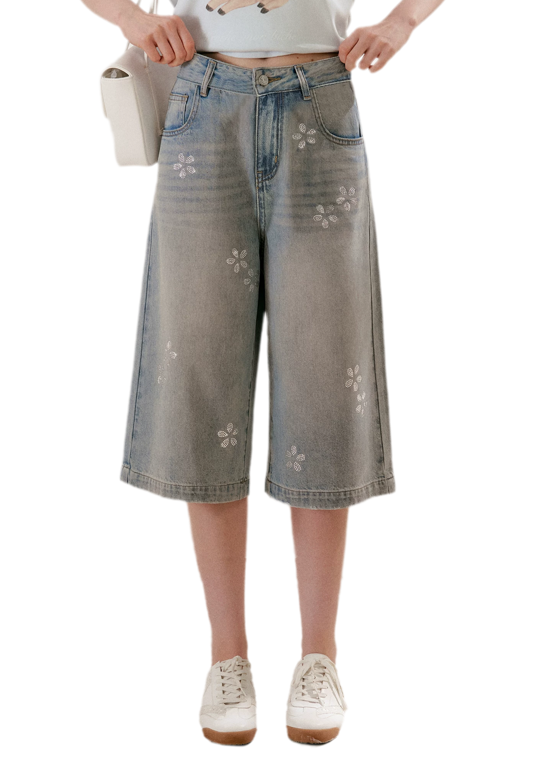 Rhinestone Floral Denim Culottes