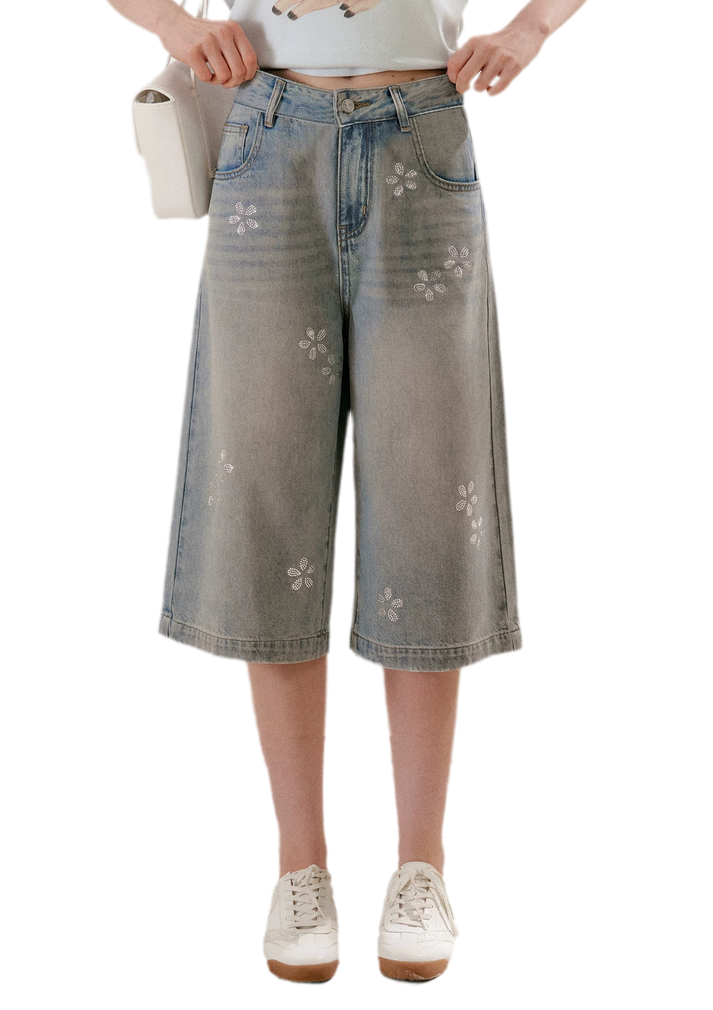 Rhinestone Floral Denim Culottes