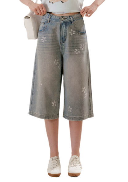 Rhinestone Floral Denim Culottes
