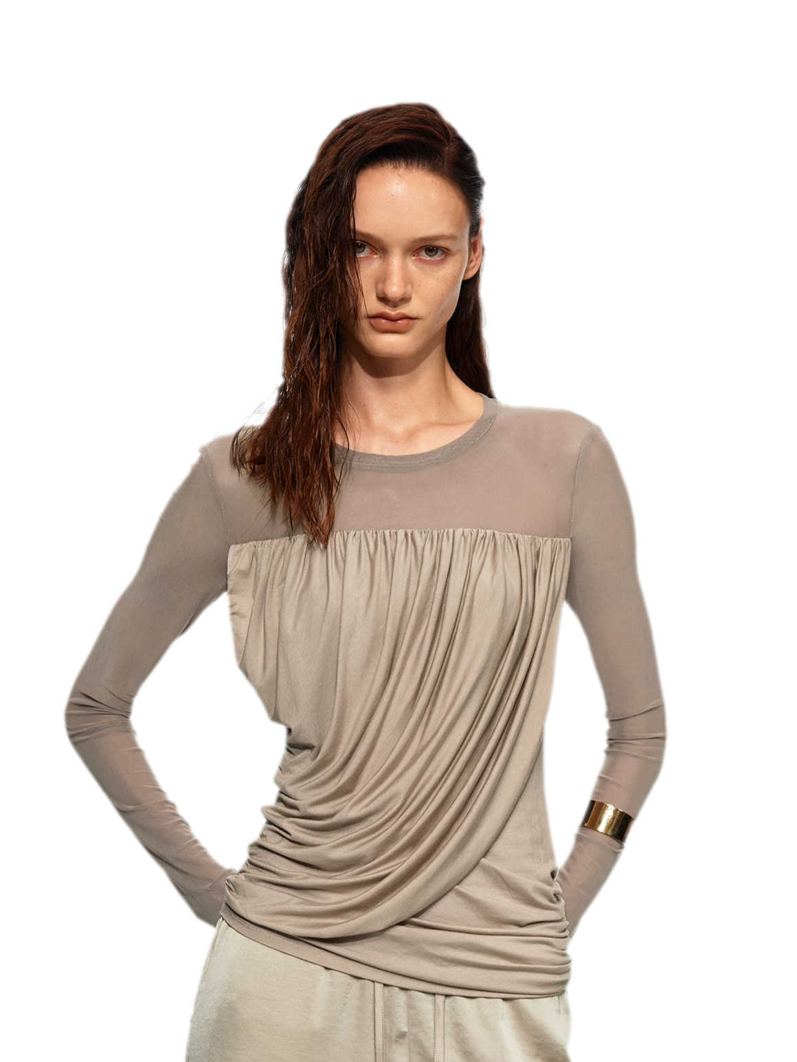 Draped Mesh Long Sleeve Tee