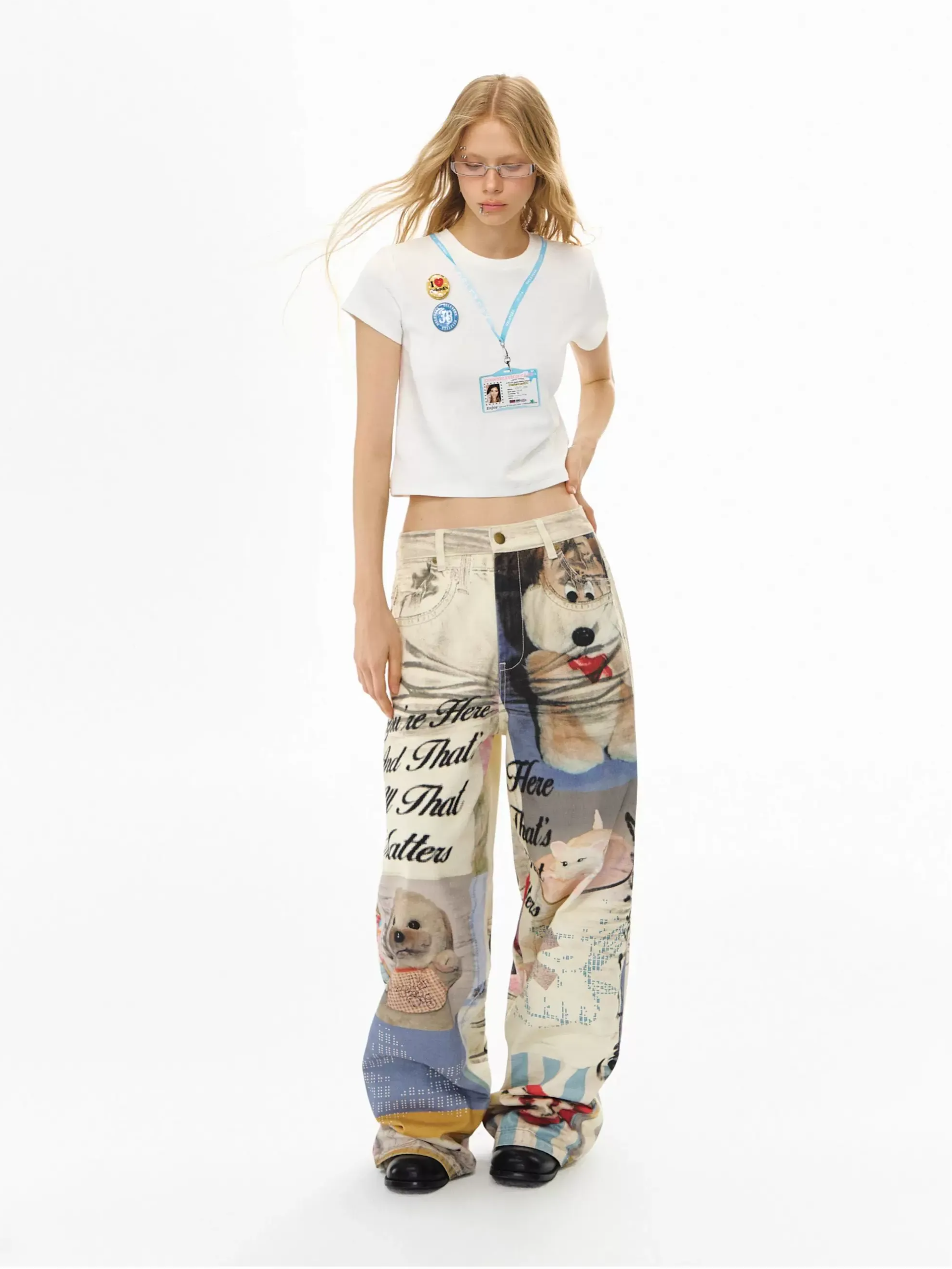 Washed Print Wide-Leg Jeans