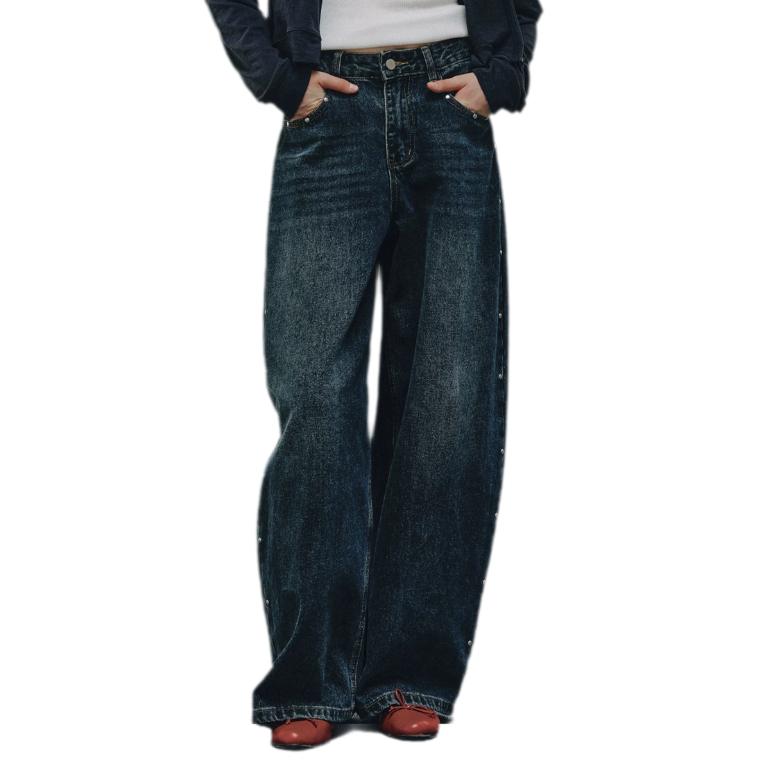 Washed Rivet Curved-Leg Jeans