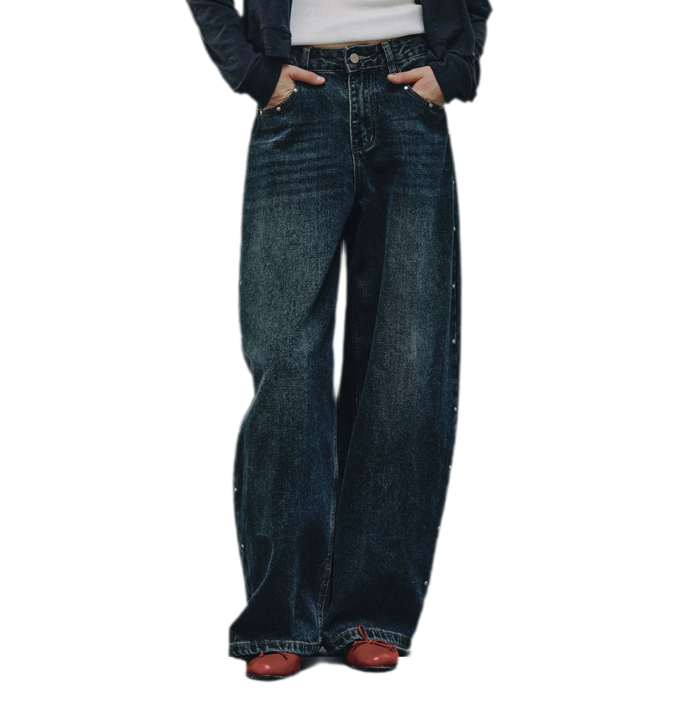 Washed Rivet Curved-Leg Jeans