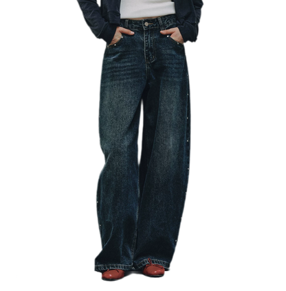 Washed Rivet Curved-Leg Jeans
