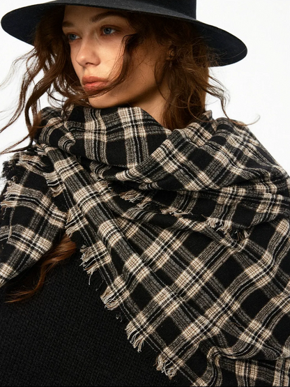 Wool Plaid Fringed Scarf