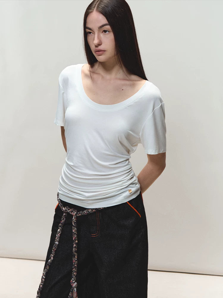 Relaxed Fit Mid-Length Two-Tone Classic U-Neck T-shirt