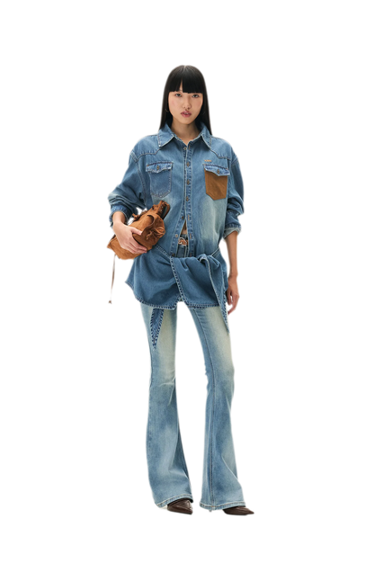 Washed Denim Suede-Panel Shirt