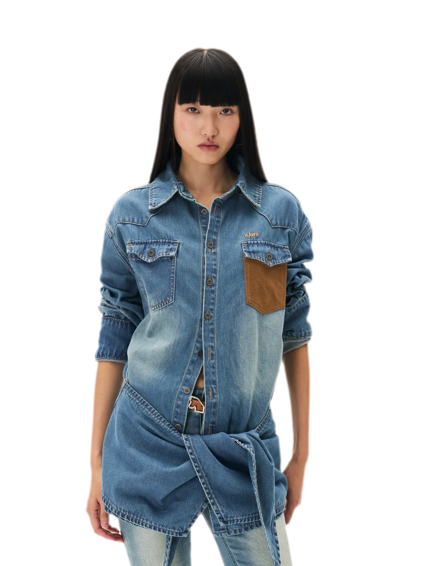 Washed Denim Suede-Panel Shirt