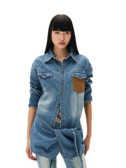Washed Denim Suede-Panel Shirt