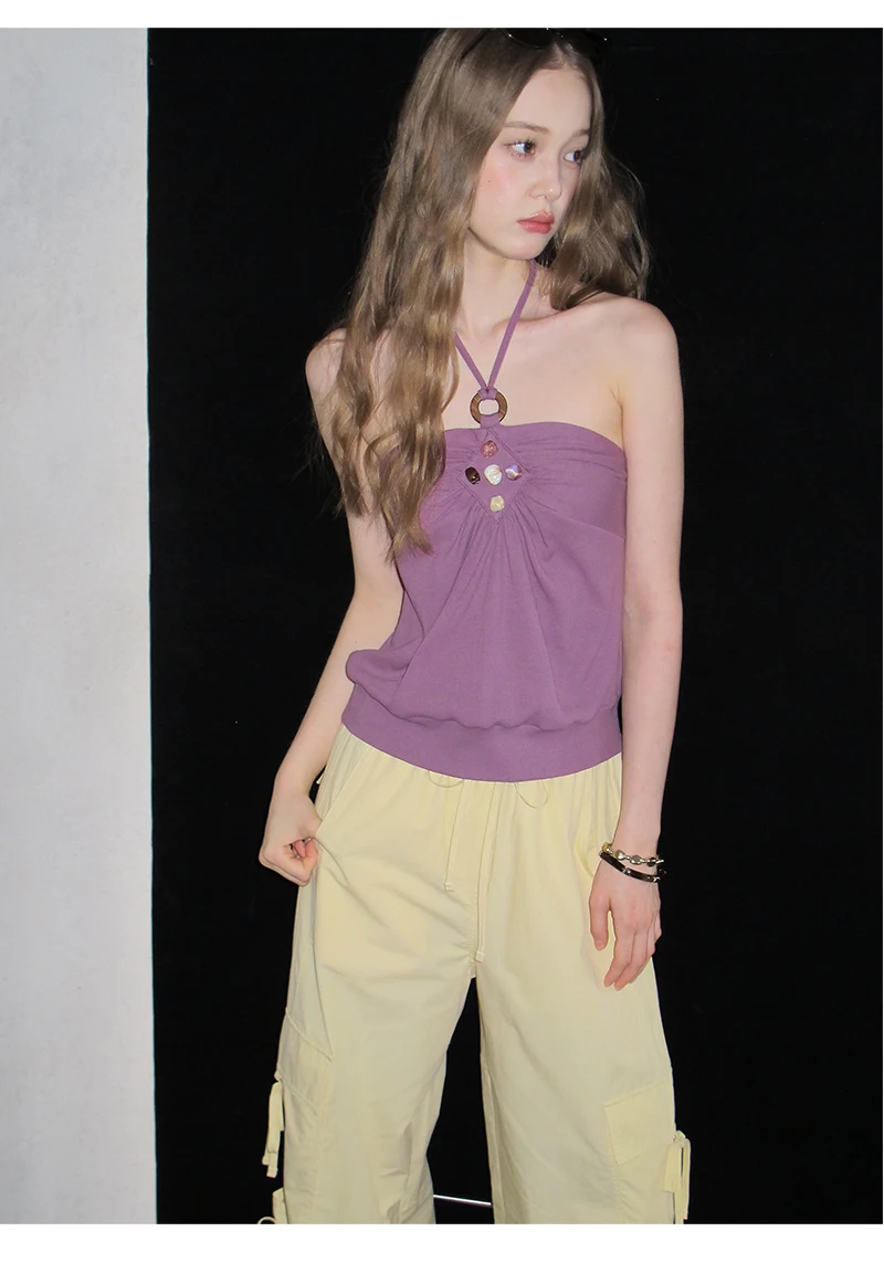 Beaded Ruched Halter Ribbed Top