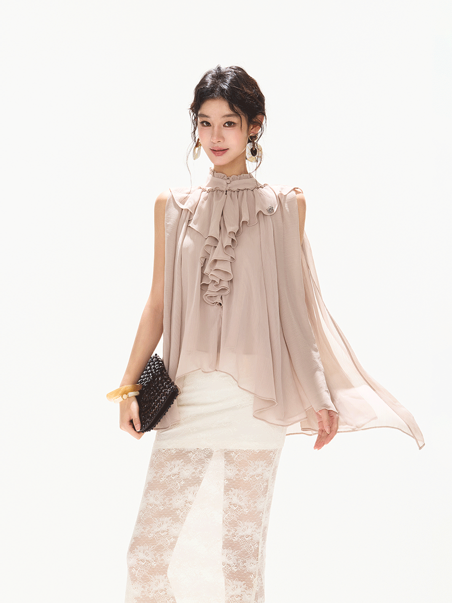 Lightweight Ruffle Collar Sleeveless Chiffon Blouse