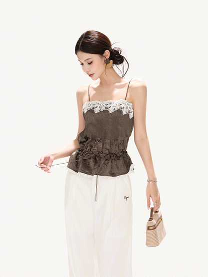 South France Holiday Contrast Lace Trim Ruffle Camisole