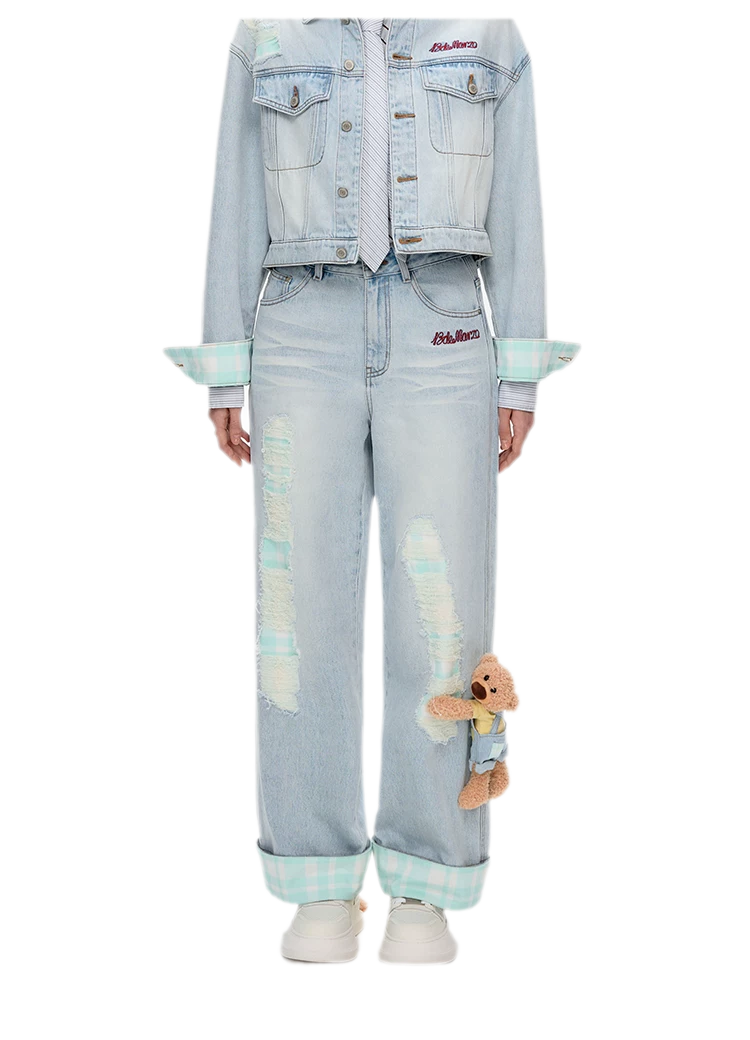 Plaid Cuff Embroidered Jeans