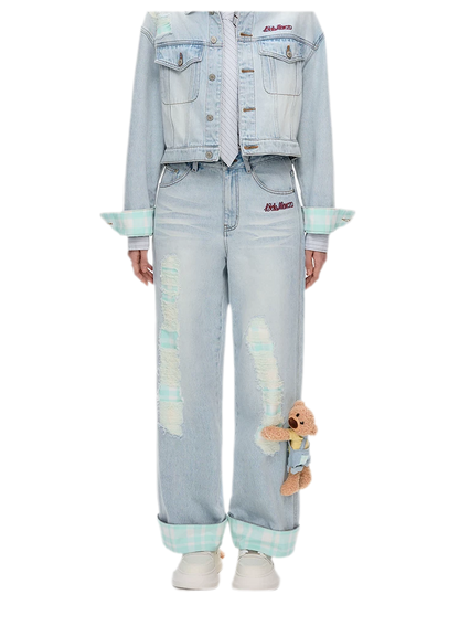 Plaid Cuff Embroidered Jeans