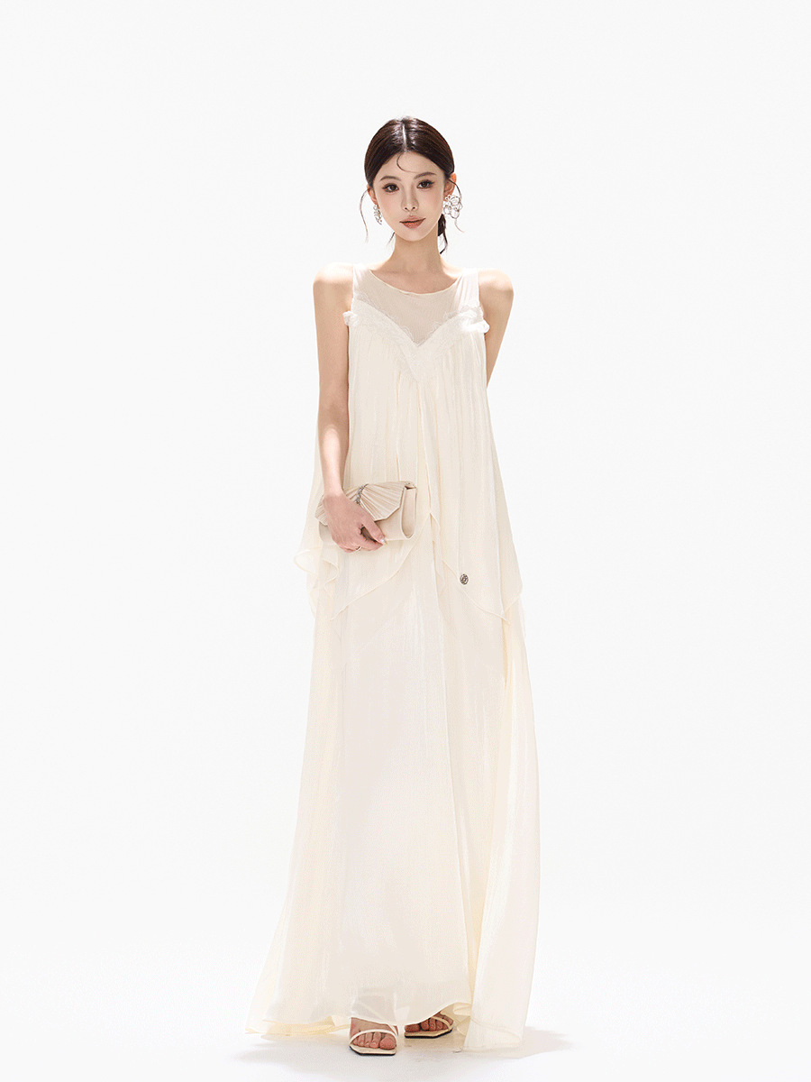 Sleeveless Mesh Spliced Ruffle Long Dress