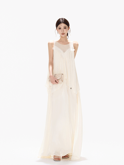 Sleeveless Mesh Spliced Ruffle Long Dress