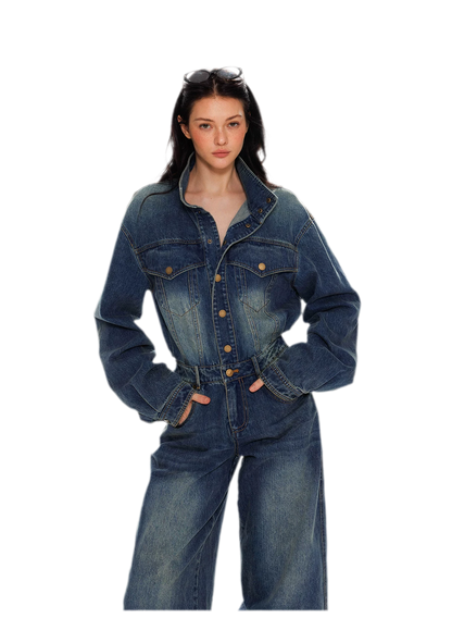 Combinaison en jean délavé à jambes larges