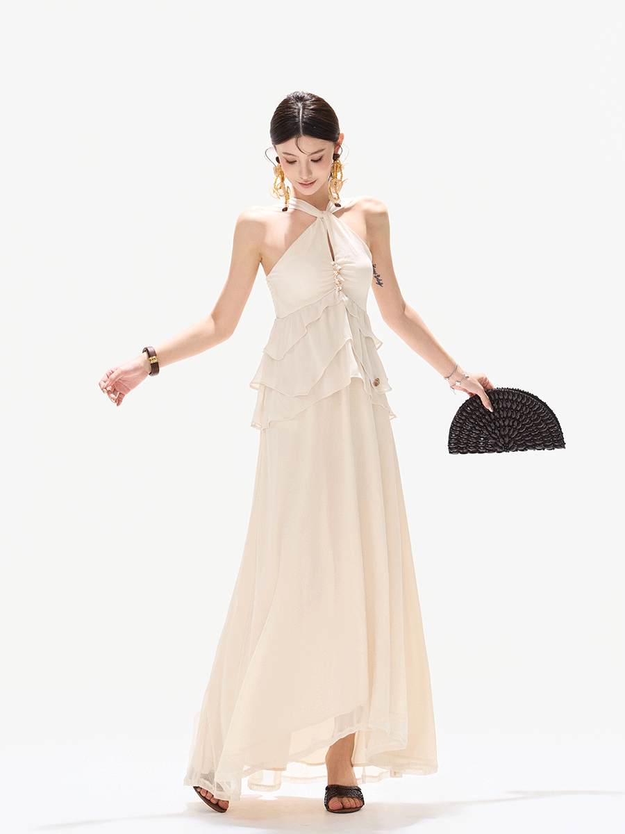 Flowing Halter Rhinestone Chiffon Long Dress