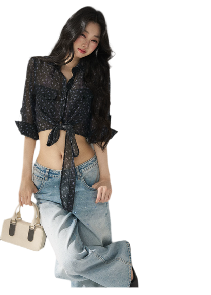 Floral Sheer Tie Shirt