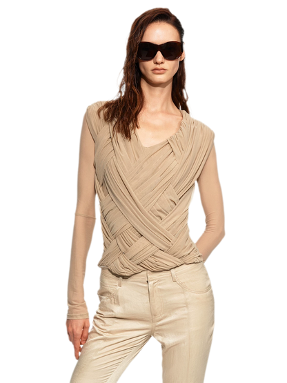 Pleated Cross-Over Fitted Top