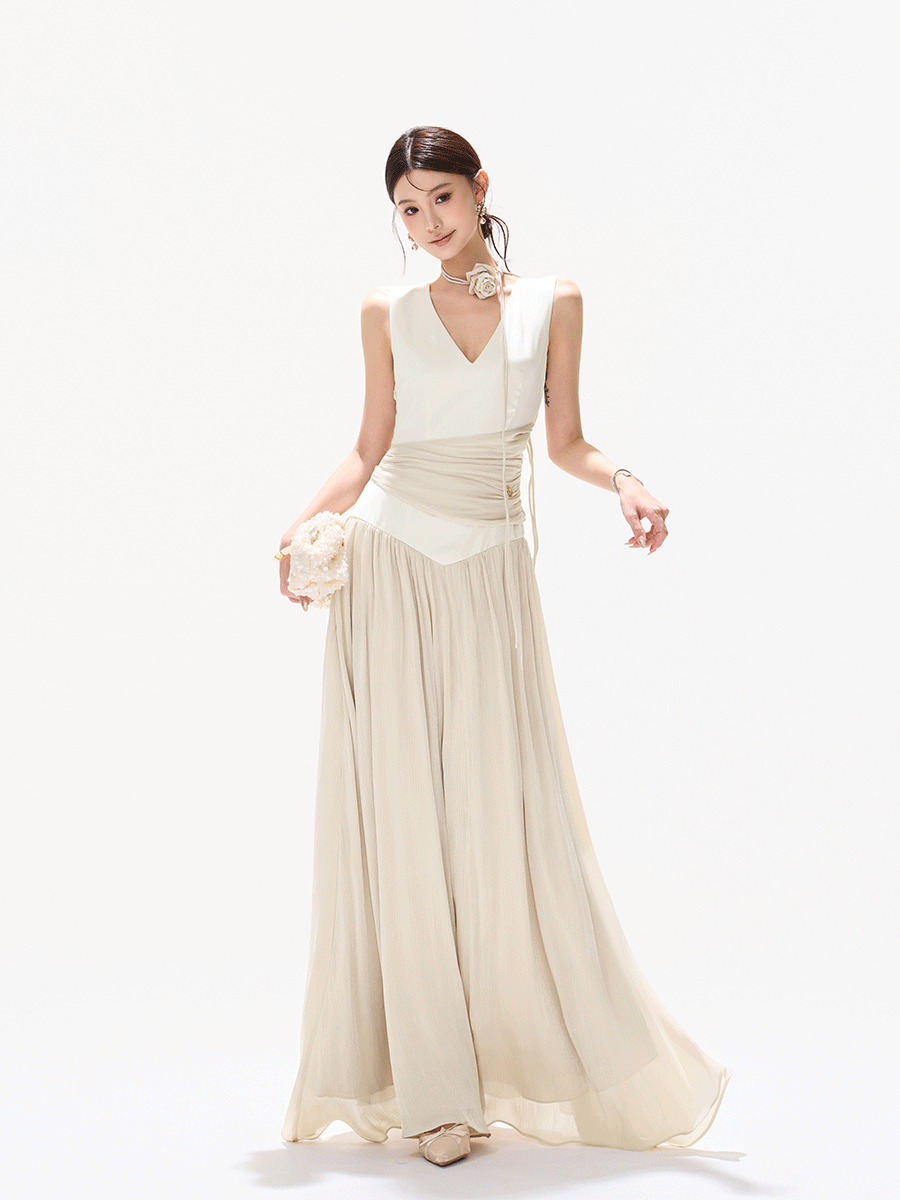 French Style Colorblock Pleated Satin V-Neck Dress