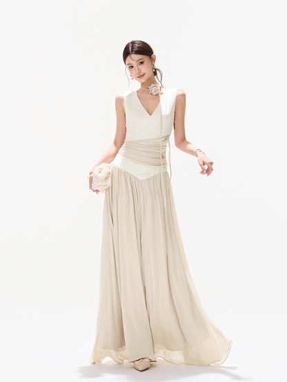 French Style Colorblock Pleated Satin V-Neck Dress